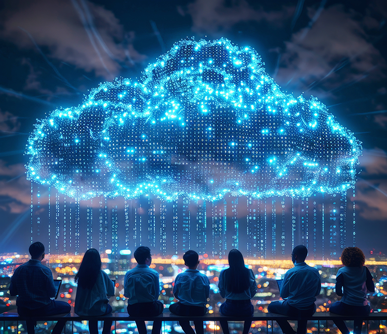 diverse-team-collaborating1-cloud-computing-with-glowing-binary-cloud business man analysing market report with business analytics dashboard virtual screen scaled